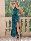 Women Glitter Cut Out Criss Cross Sleeveless One Shoulder Split Thigh Sequin Formal Dress, Summer Clothes Women, Dress in Club, Sparkly Bodycon Evening Dress Quince Dress Vacation Outfits Outfit Para Brunch, Dresses for Women, Summer Dresses