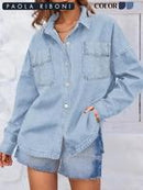 Women's Plain Button Front Drop Shoulder Curved Hem Denim Jacket, Casual Long Sleeve Pocket Design Collar Outerwear for Daily Wear, Ladies Clothes for All Seasons