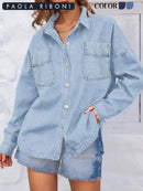 Women's Plain Button Front Drop Shoulder Curved Hem Denim Jacket, Casual Long Sleeve Pocket Design Collar Outerwear for Daily Wear, Ladies Clothes for All Seasons