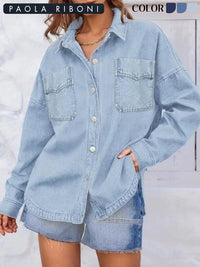 Women's Plain Button Front Drop Shoulder Curved Hem Denim Jacket, Casual Long Sleeve Pocket Design Collar Outerwear for Daily Wear, Ladies Clothes for All Seasons