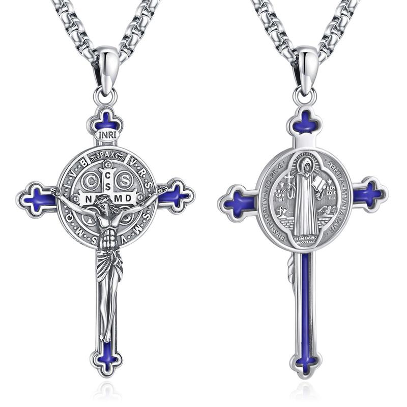 DRINSPER Saint Benedict Cross Necklace 925 Sterling Silver San Benito Pendant Necklace, Pardon Crucifix Necklace, Religious Jewelry for Men Women