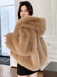 Women's Solid Color Hooded Faux Fur Coat, Casual Long Sleeve Thermal Outerwear for Fall & Winter, Women's Clothing for Daily Wear, Womenswear