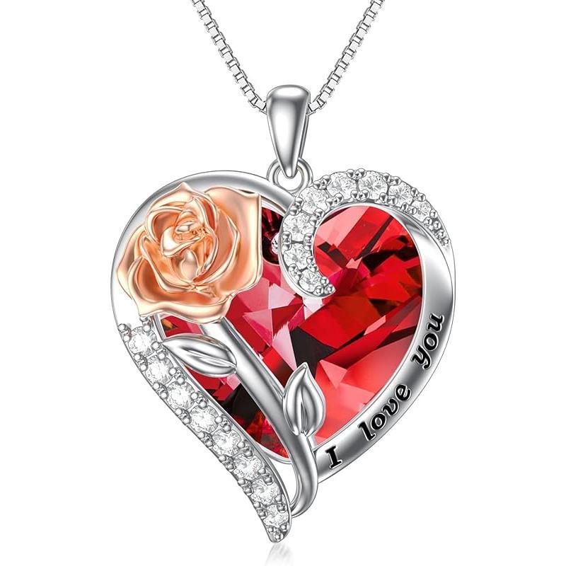 Birthstone Necklace for Women 925 Sterling Silver Rose Flower Heart Crystal Pendant Necklaces I Love You Jewelry Birthday Christmas Gifts for Women Her Girlfriend