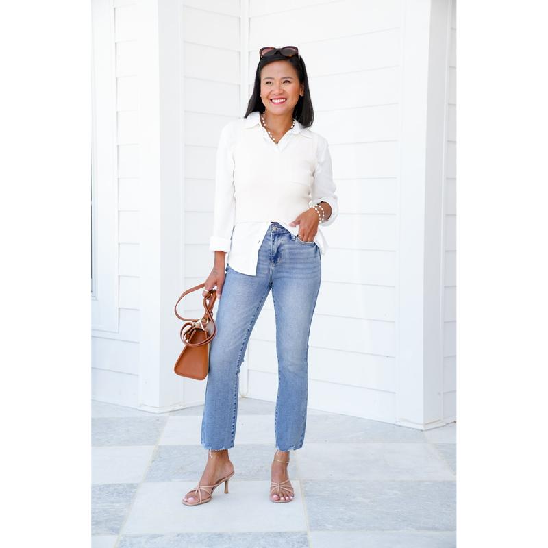 Judy Blue The Montauk Crop Mid-Rise Medium Wash Distressed Hem Kick Flare Jeans