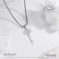 Audinceed Hecate's Key S925 Sterling Silver Moonstone Necklace, Witchtok Collection, Hekate Triple Moon Goddess Pagan Wiccan Magic Silver Necklace Pendant Protection Blessed Amulet Jewelry Gift for Women Men