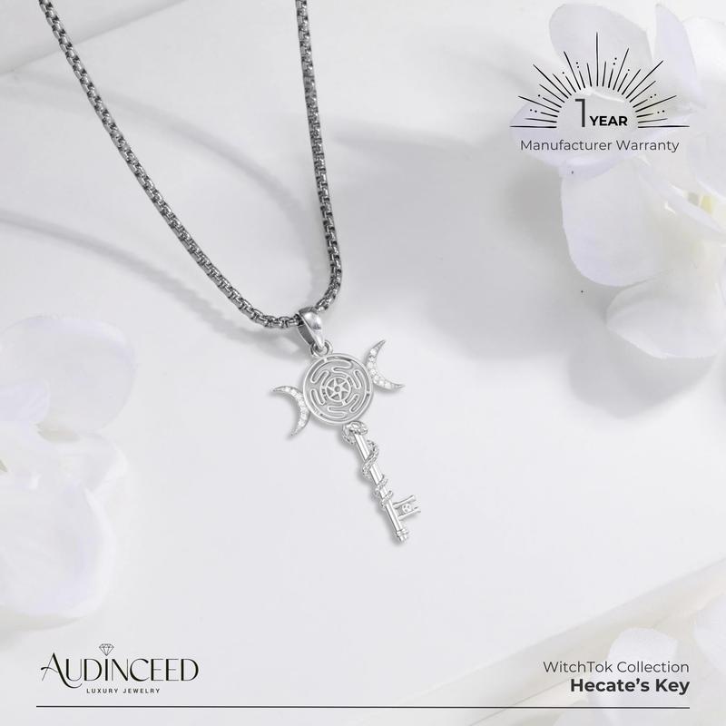 Audinceed Hecate's Key S925 Sterling Silver Moonstone Necklace, Witchtok Collection, Hekate Triple Moon Goddess Pagan Wiccan Magic Silver Necklace Pendant Protection Blessed Amulet Jewelry Gift for Women Men
