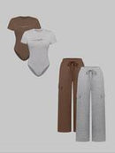 Women's Shortsleeve Bodysuit & Drawstring Waist Pants Set, Fitted Casual Style Round Neck Snap Bodysuit & Pocket Trousers, Minimalist Clothes for All Seasons, Y2k Statement Outfits Set, Womenswear, Basic Casual Matching Yoga Clothes Set