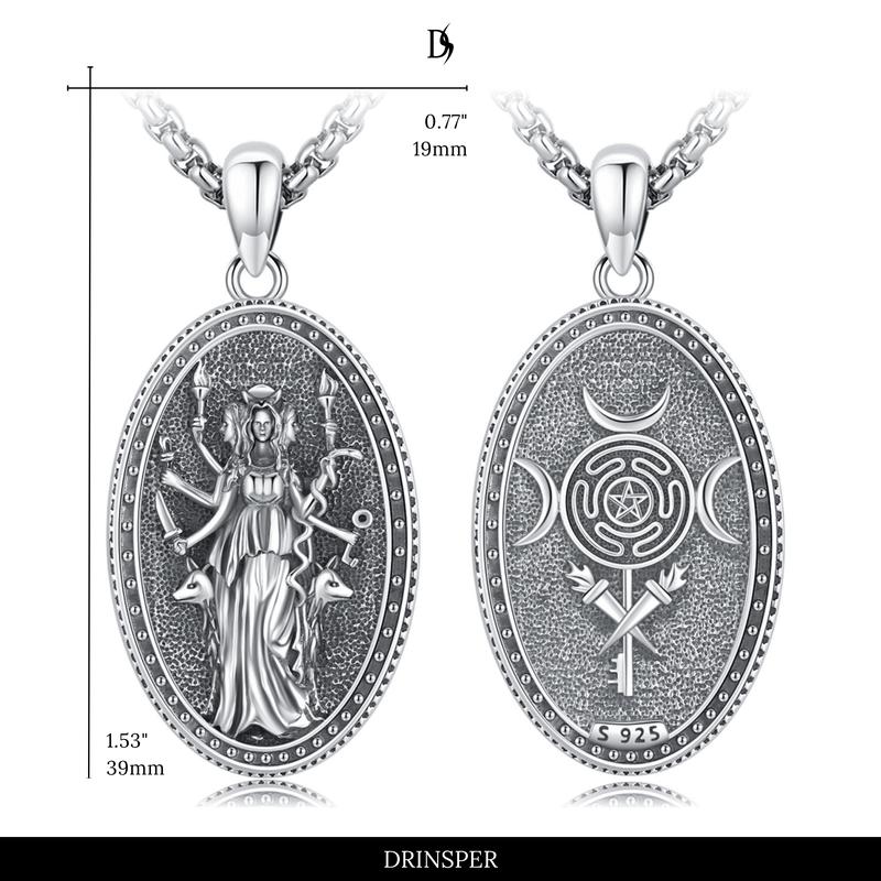 DRINSPER Hecate Necklace 925 Sterling Silver Goddess of Witches of Magic Hekate Pendant Necklace Ancient Greek Mythology Night of Hekate The Ancient Origins of the Goddess of Witchcraft and Moon Amulet Jewelry Pagan Jewelry for Women Men
