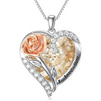 Birthstone Necklace for Women 925 Sterling Silver Rose Flower Heart Crystal Pendant Necklaces I Love You Jewelry Birthday Christmas Gifts for Women Her Girlfriend
