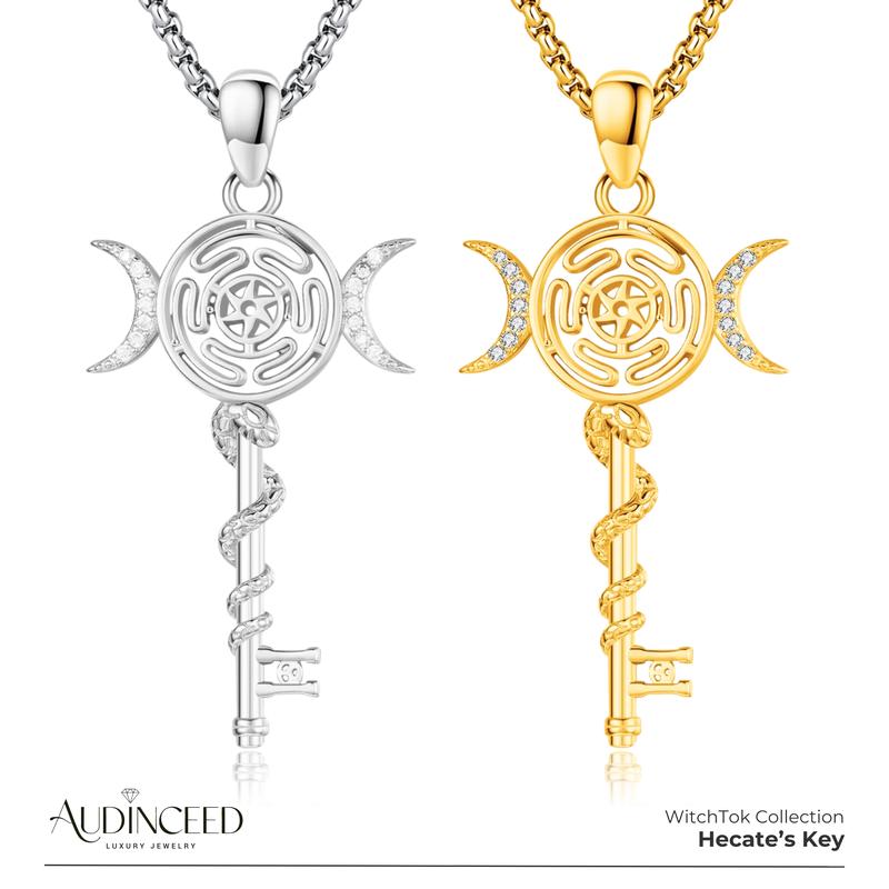 Audinceed Hecate's Key S925 Sterling Silver Moonstone Necklace, Witchtok Collection, Hekate Triple Moon Goddess Pagan Wiccan Magic Silver Necklace Pendant Protection Blessed Amulet Jewelry Gift for Women Men