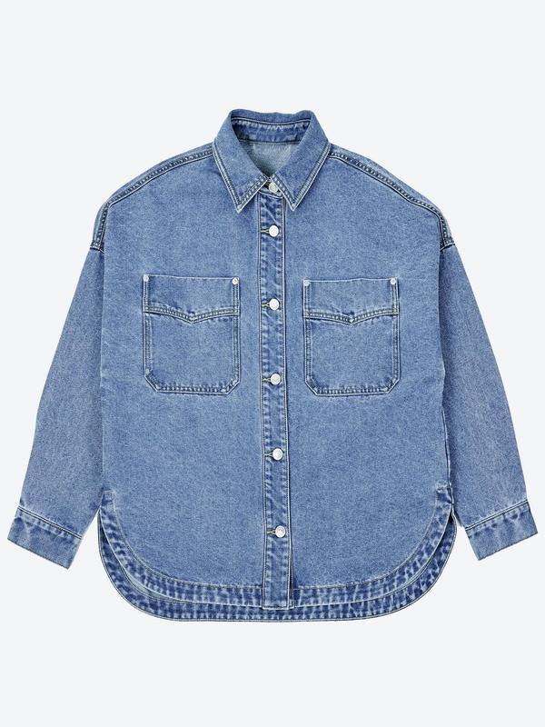Women's Plain Button Front Drop Shoulder Curved Hem Denim Jacket, Casual Long Sleeve Pocket Design Collar Outerwear for Daily Wear, Ladies Clothes for All Seasons