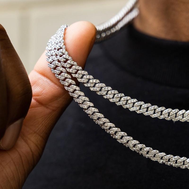 Micro Diamond Prong Cuban Necklace - 14k White Gold - 6mm Chain with White Gold Plating and CZ Diamonds 16-24" Lengths