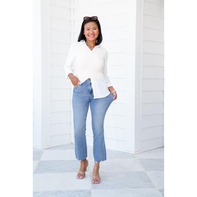 Judy Blue The Montauk Crop Mid-Rise Medium Wash Distressed Hem Kick Flare Jeans