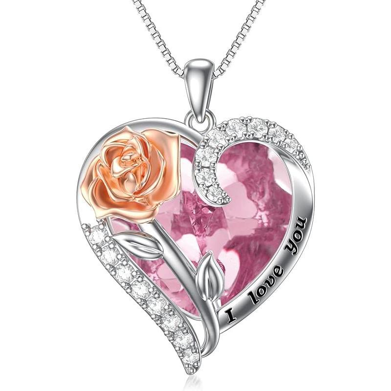 Birthstone Necklace for Women 925 Sterling Silver Rose Flower Heart Crystal Pendant Necklaces I Love You Jewelry Birthday Christmas Gifts for Women Her Girlfriend