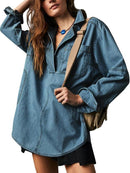 Tankaneo Women's Denim Pullover Casual Notch V Neck Blouse Loose Fit Long Sleeve Jean Jacket with Pocket