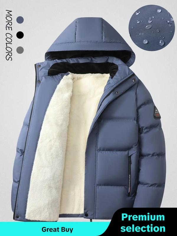 Men's Solid Color Patched Zip Up Longsleeves Hooded Winter Coat Jackets, Regular Fit Casual Long Sleeve Waterproof Warm Winter Jacket for Winter, Men's Clothes for Daily Wear