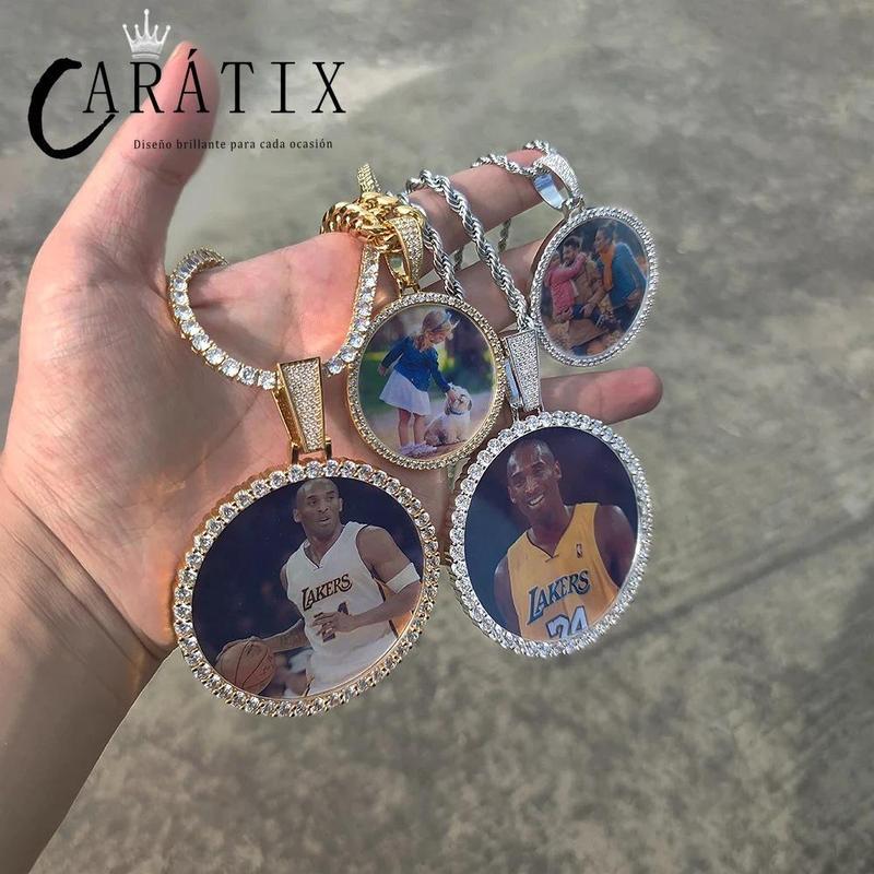CARÁTIX Medium Round Plated Memory Medallions Charms Custom Picture Pendant Necklace for Men Hip Hop Jewelry Large Size Photo Pendant Jewellery Outdoorfun Valentine's Day Gift Fathersdaygift