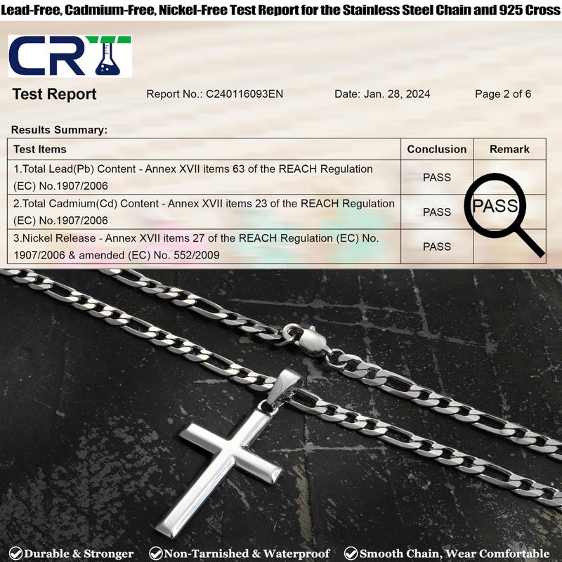 925 Sterling Silver Cross Necklace for Men Women, 5mm 316L Stainless Steel Diamond-Cut Durable Figaro Link Chain or Cuban Link Curb Chain for Men, Mens Silver Crucifix Cross Pendant Necklaces Jewelry 16-30 Inches