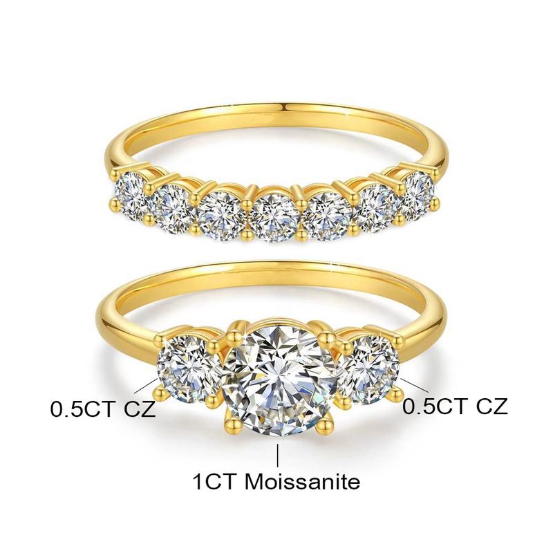 10/10 Moissanite Lab-Created 2Colors Set Ring 2CT VVS Clarity 14K Gold Plated Stackable 3 Stones Hypoallergenic Band for Women Wedding Engagement Birthday Gift Anniversary Prom Party Holiday Date Casual Bling Iced Jewelry