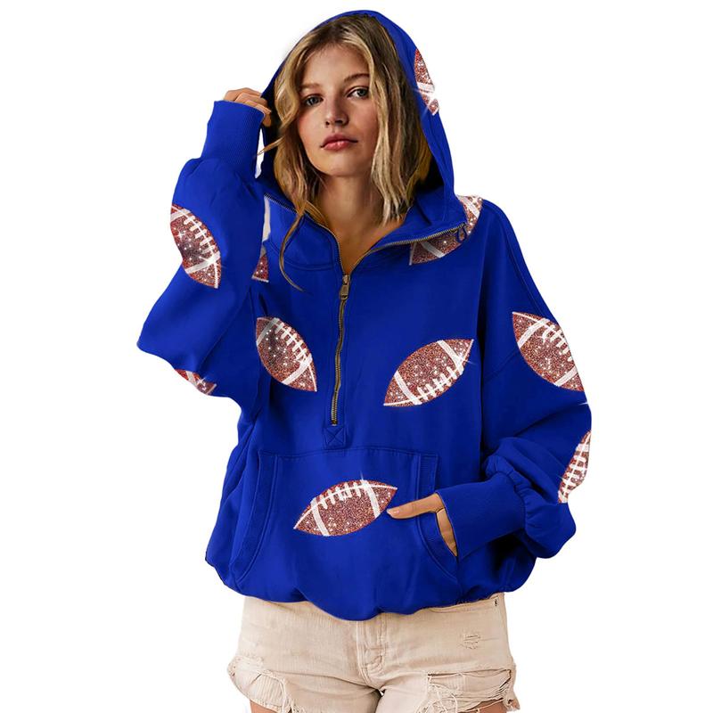 Ommig Womens Game Day Sweatshirts Football Sequin Hoodies Tailgate Outfits Long Sleeve Zipper Sweaters with Pocket